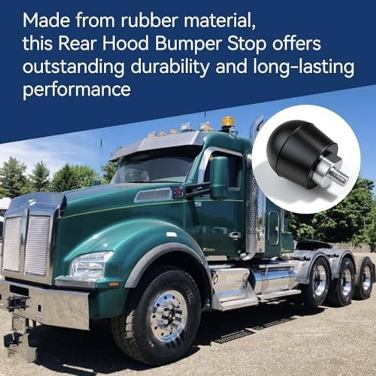 Black rubber rear hood bumper stop with metal flange and threaded bolt