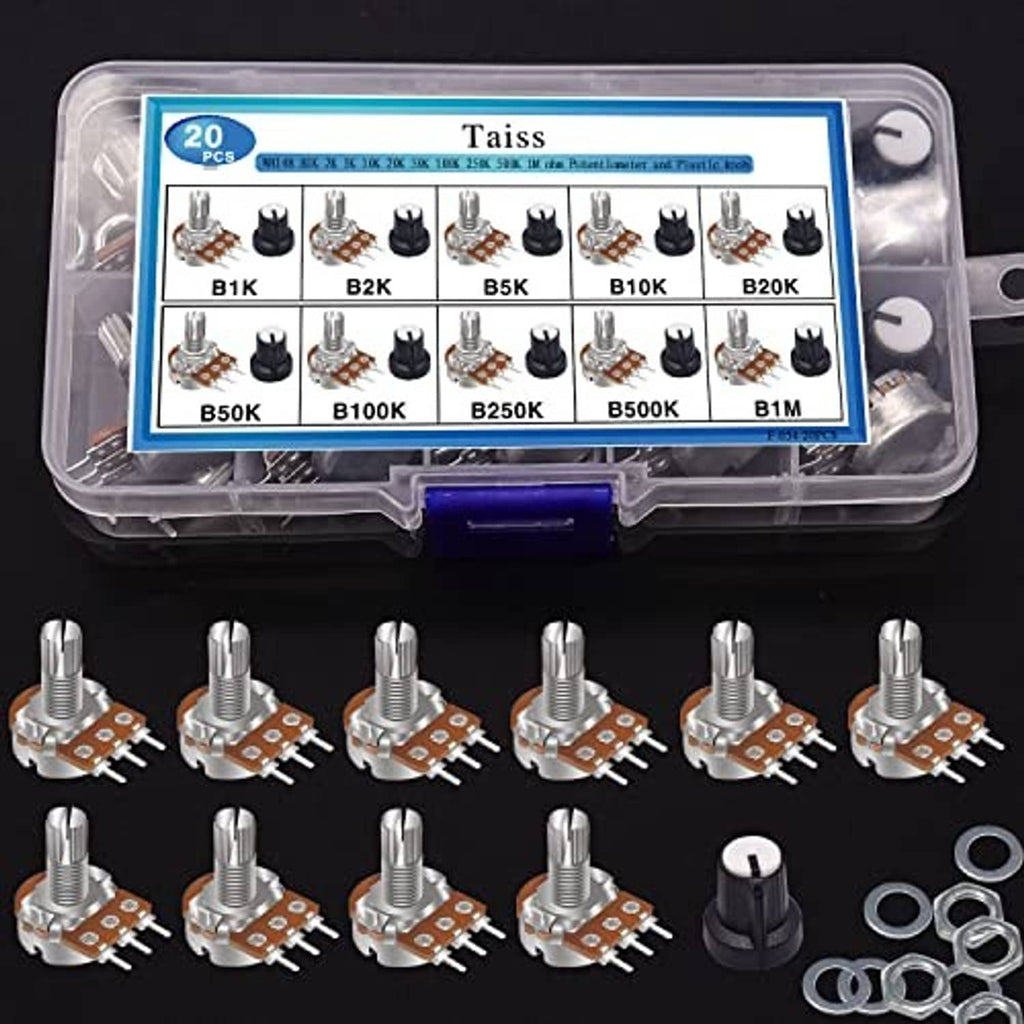 Clear box potentiometer kit with rotary knobs, metal shafts, and washers for mounting