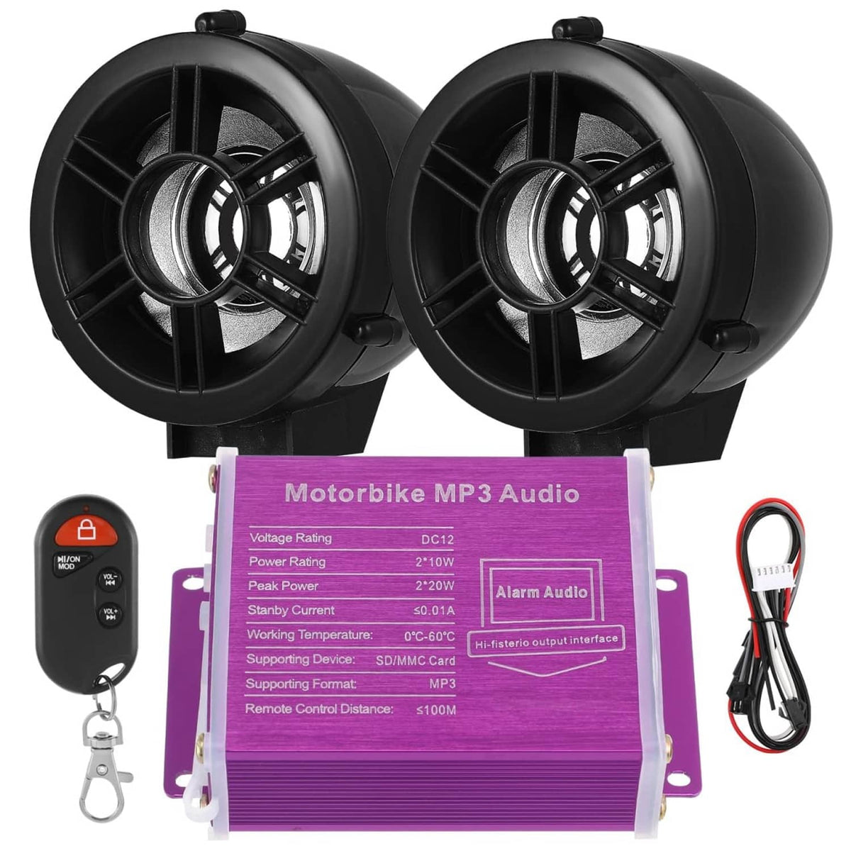 Two black motorcycle speakers with purple MP3 audio controller and remote key fob