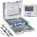 Ratcheting tap and die set in open white case with assorted cutting tools