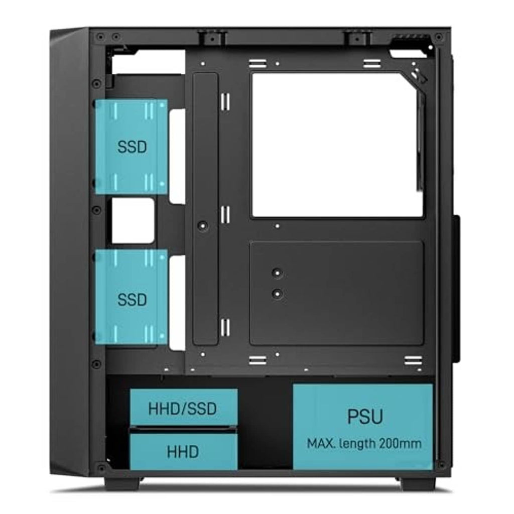 Open black PC case interior with SSD bays, PSU area, and expansion mounting