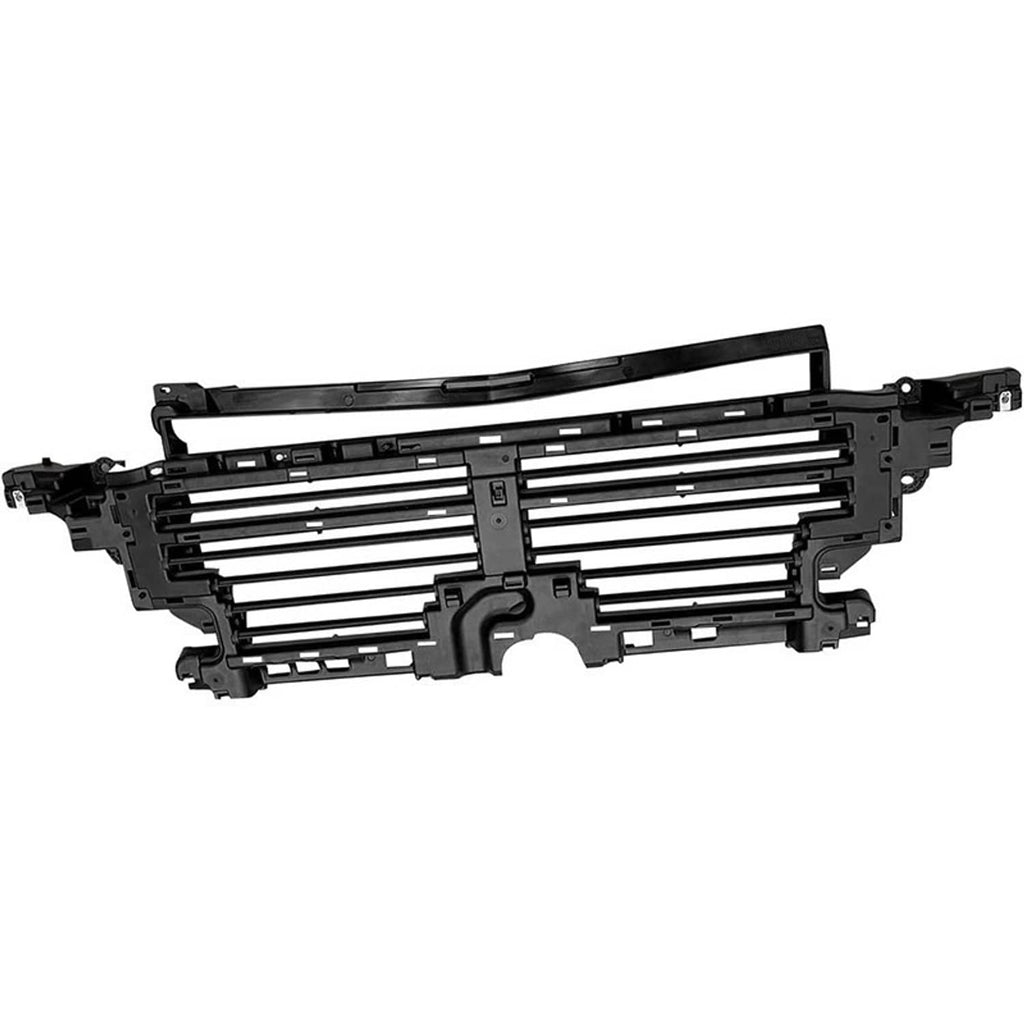 Black grille shutter assembly with horizontal slats and center control panel