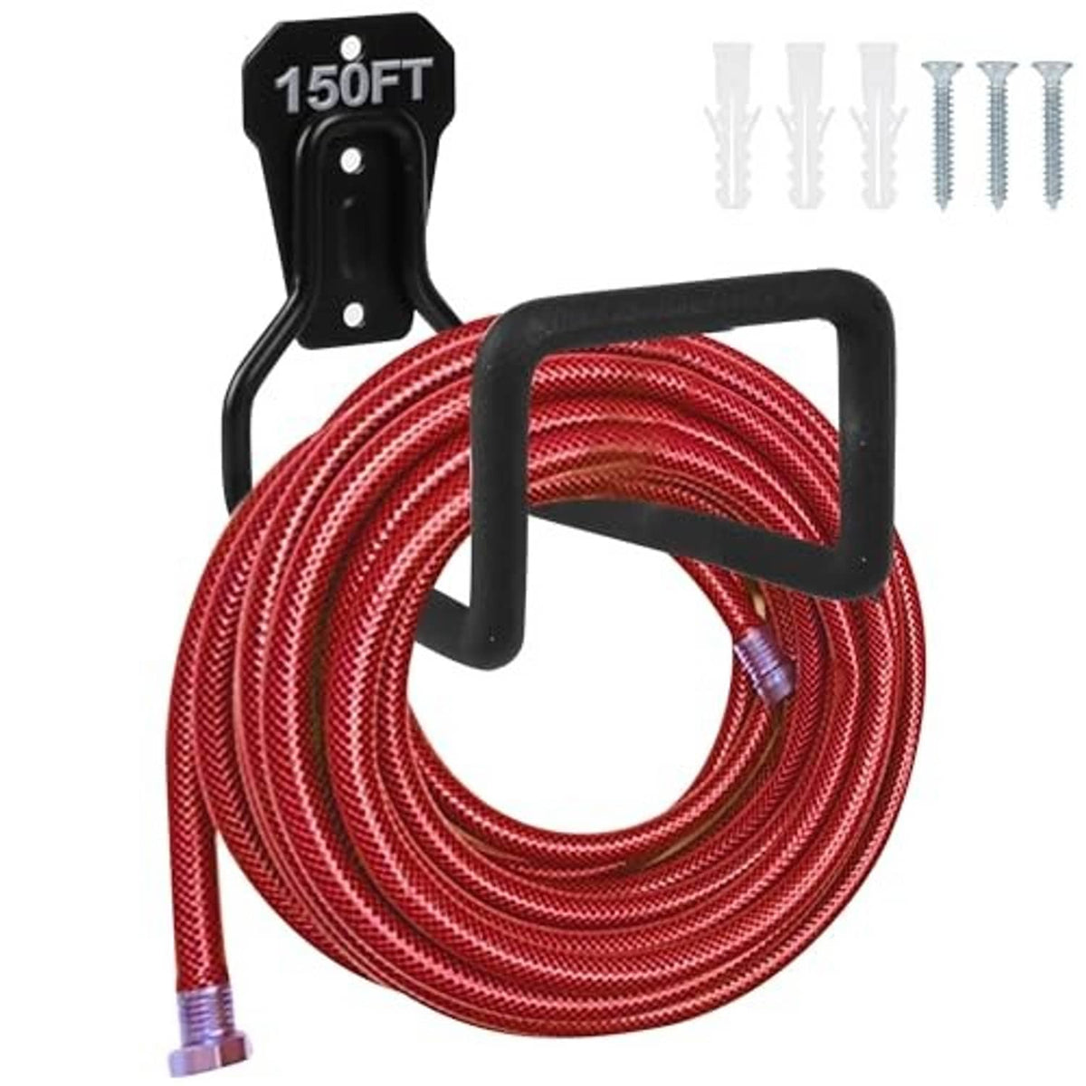 Black metal wall-mounted hose hanger holding a red garden hose loop with front handle bar