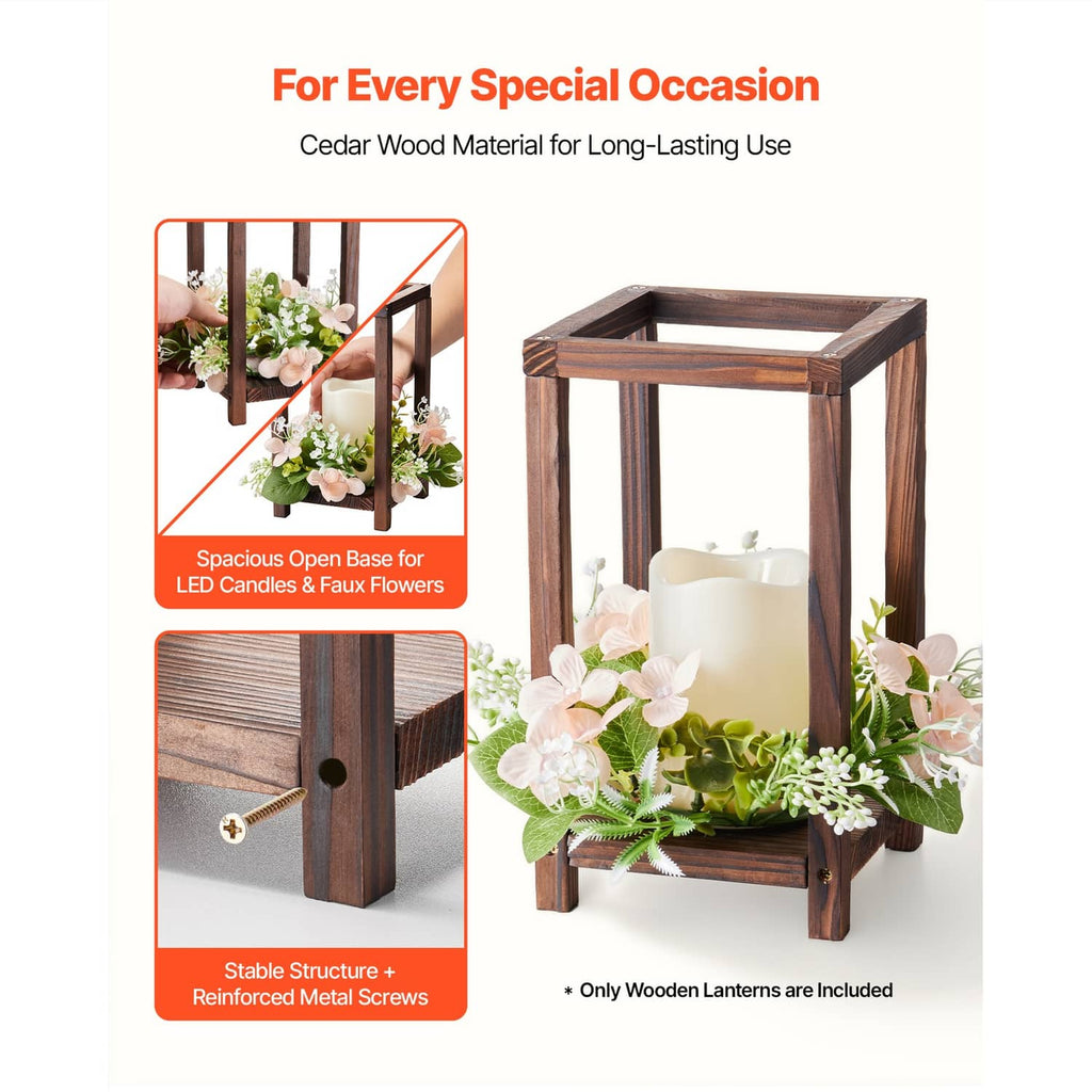 Brown wooden candle lantern with open rectangular frame, decorated with flowers and candle