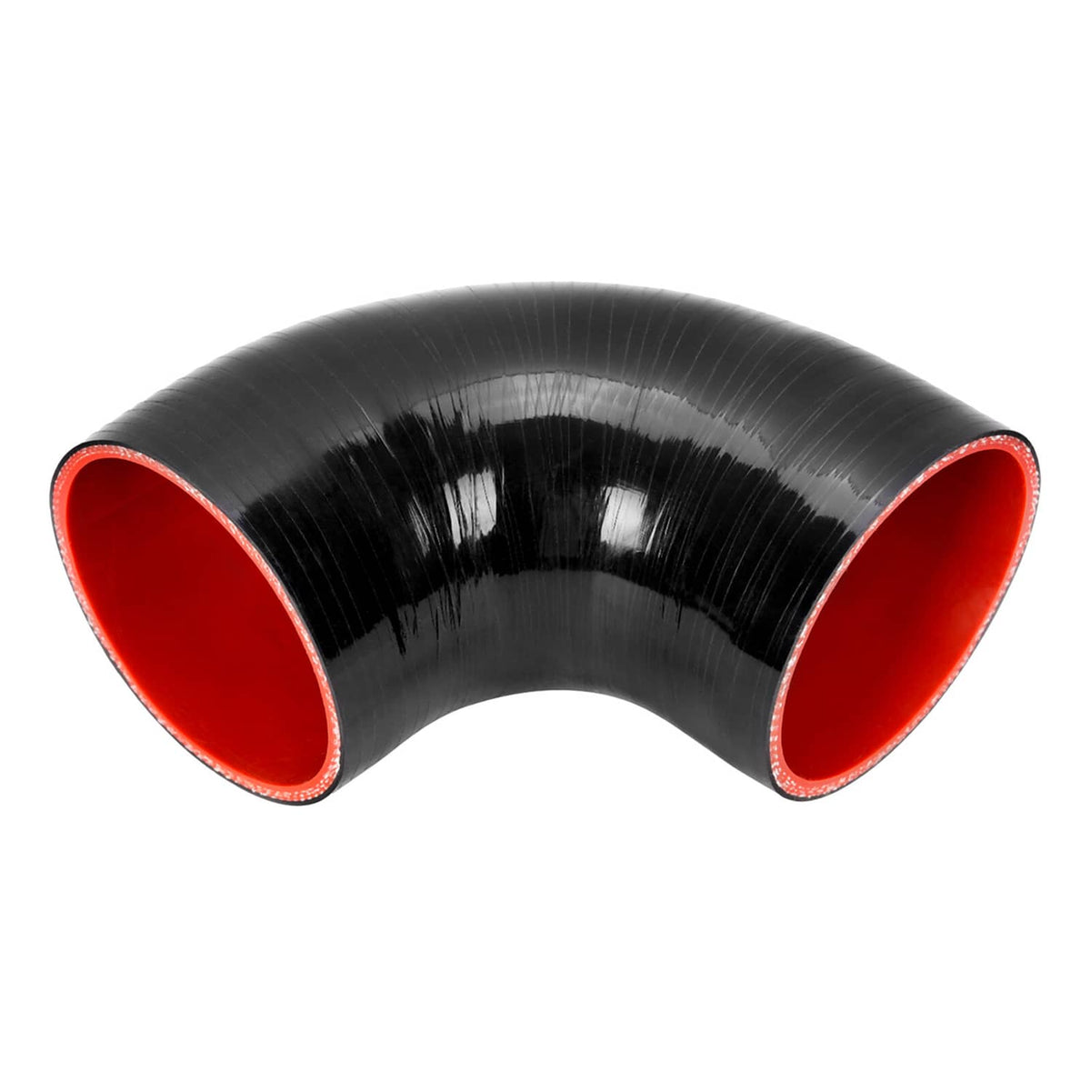 Black 90-degree silicone hose elbow with red inner ends, curved intercooler intake coupler