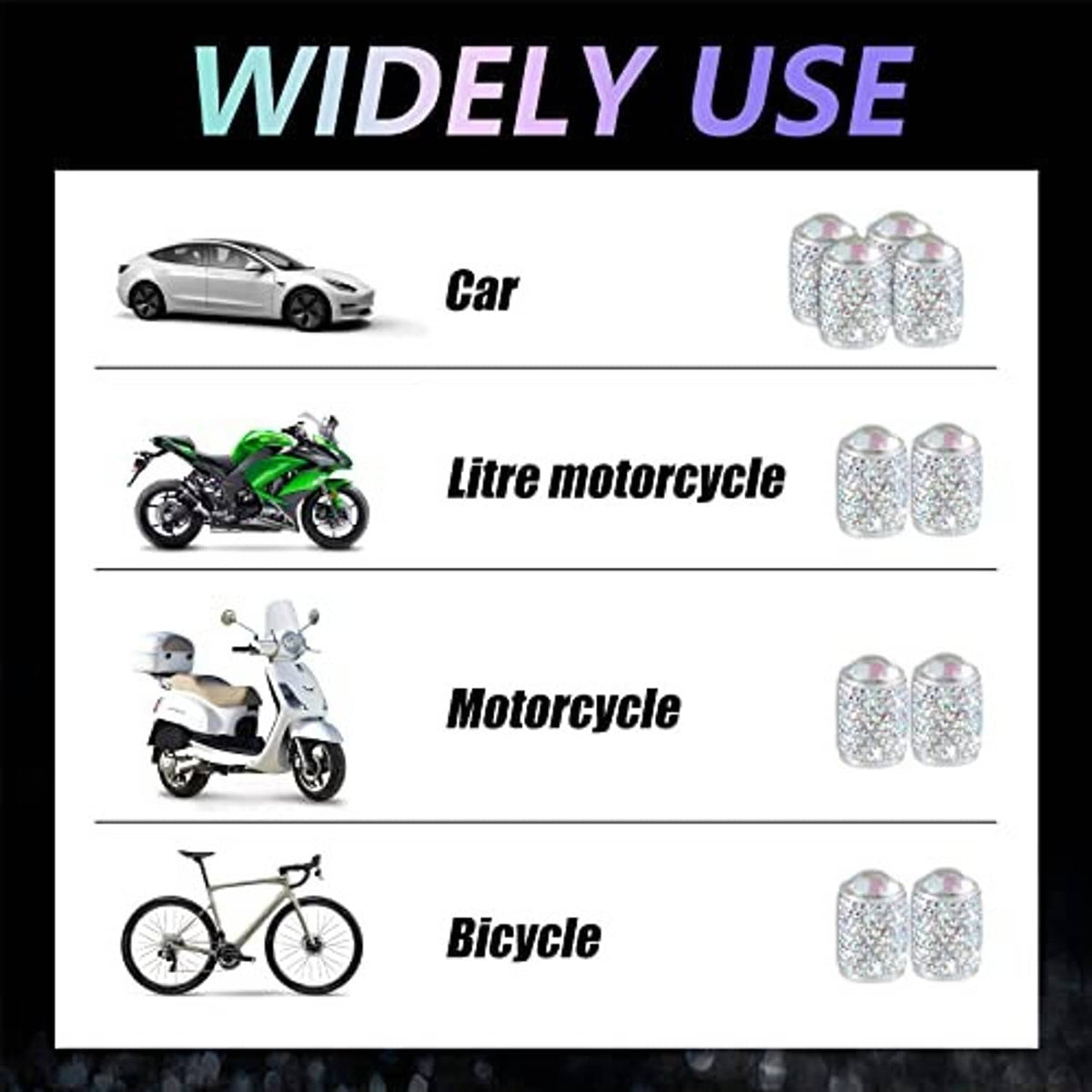 Crystal rhinestone tire valve caps set for car, motorcycle, and bicycle valve stems