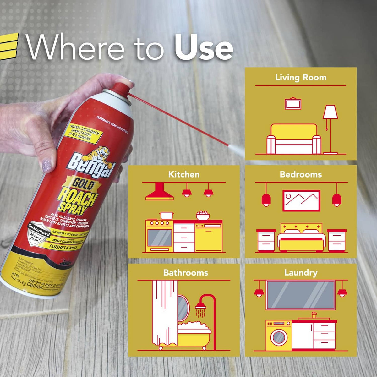 Hand holding Bengal Gold Roach Spray aerosol can with yellow cap and red label