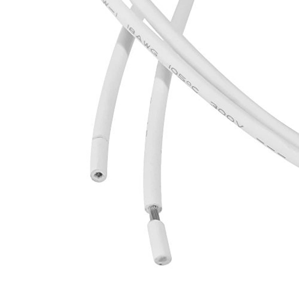 Two white wires with molded ends and printed markings on the cable