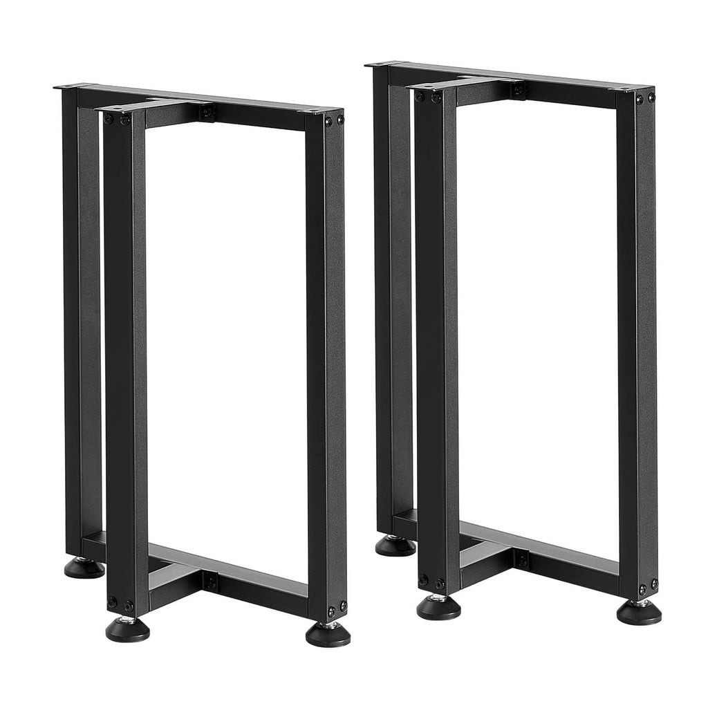 Two black steel T-frame table legs, open frame with bottom supports, set of 2