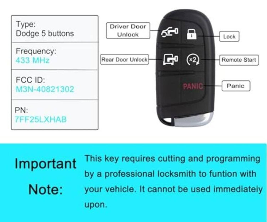 Black smart key fob with lock and unlock buttons, panic label, and remote start icon