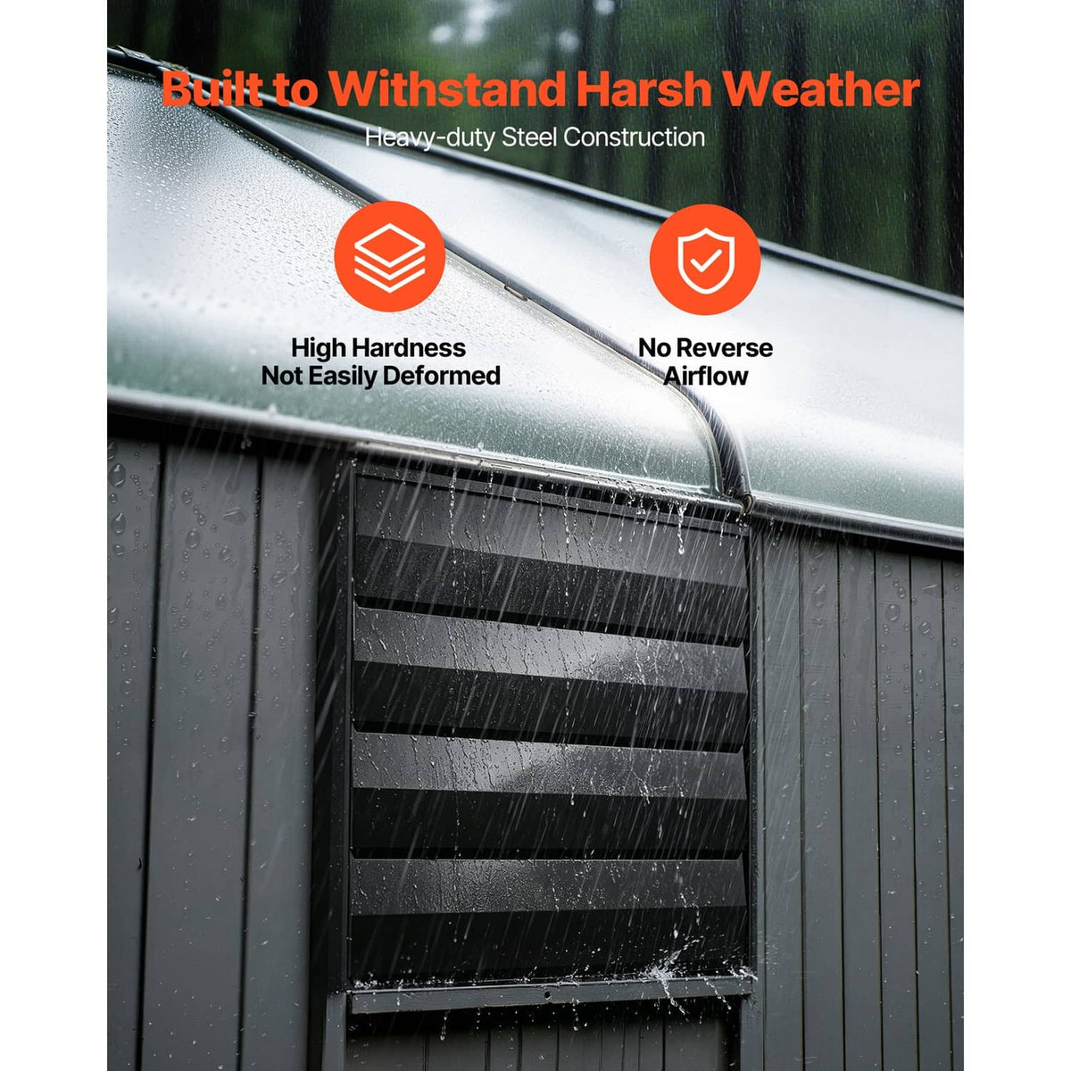 Shutter exhaust fan with heavy-duty steel frame and rain-shedding louver cover, black