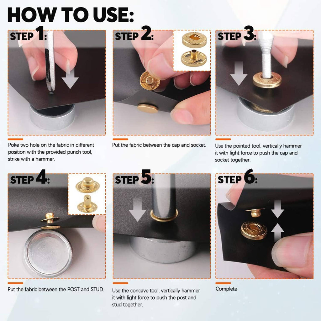 Snap fastener kit installation tools shown in steps with a snap cap and base