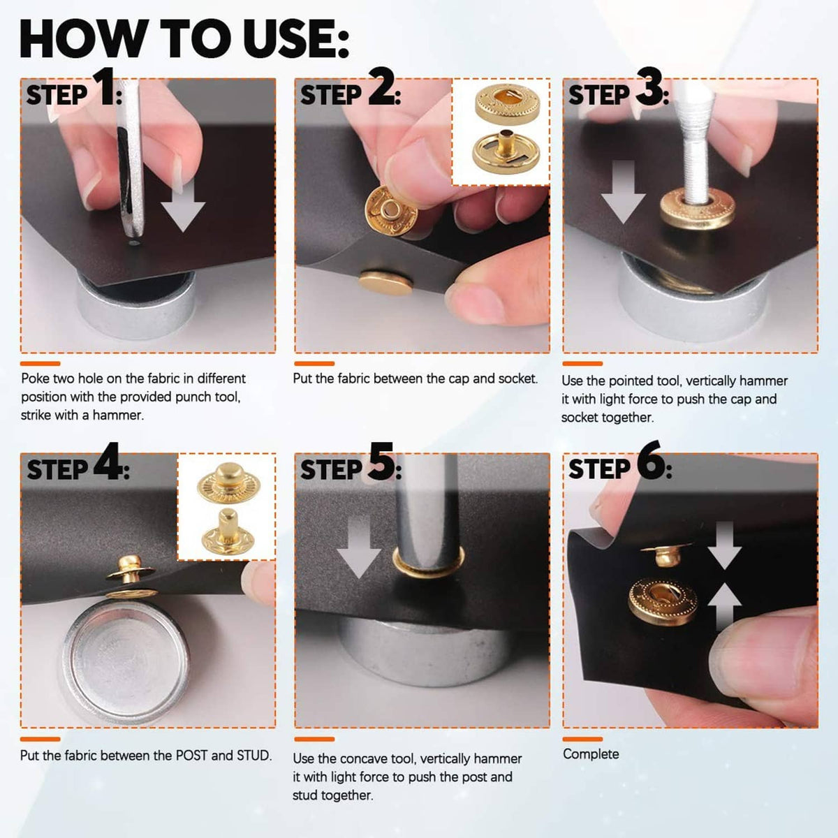 Snap fastener kit installation tools shown in steps with a snap cap and base