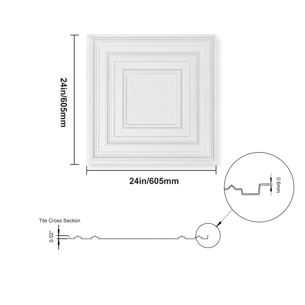 White ceiling tile diagram with 24 x 24 in square size and cross-section detail