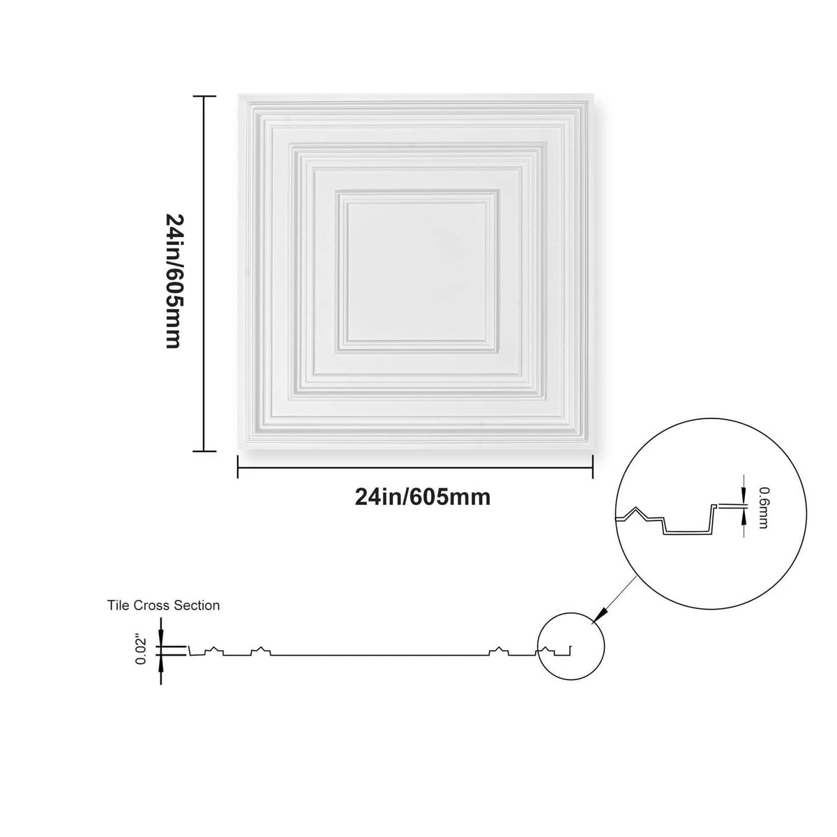 White ceiling tile diagram with 24 x 24 in square size and cross-section detail