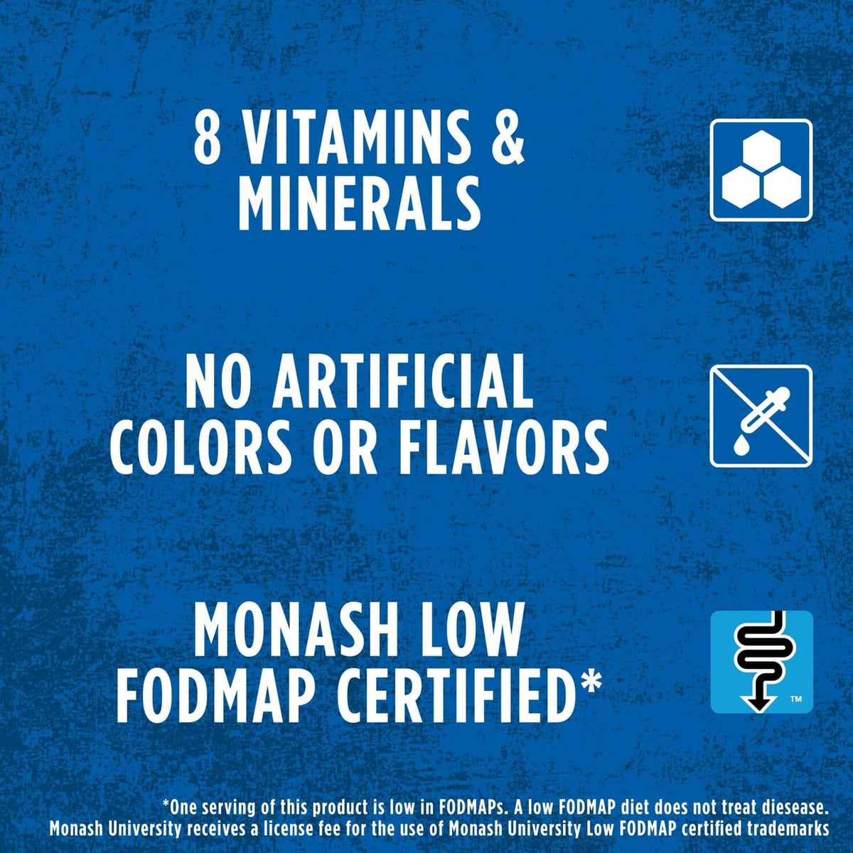 Breakfast cereal cups label: 8 vitamins & minerals, no artificial colors or flavors, low FODMAP