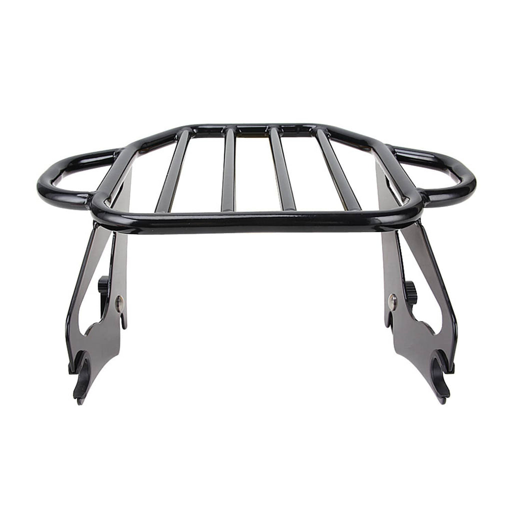 Black metal luggage rack frame with slatted top and four mounting feet