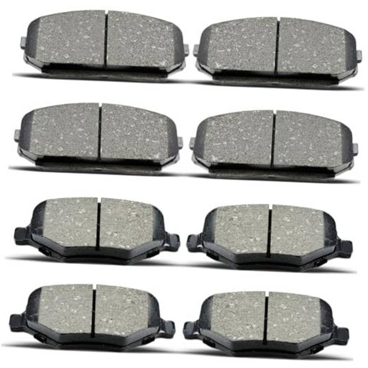 Ceramic brake pads set with gray friction material and black backing, front and rear pair view