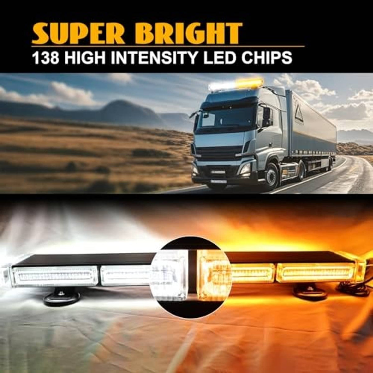 Amber and white LED emergency strobe light bar with clear lens housing and black base