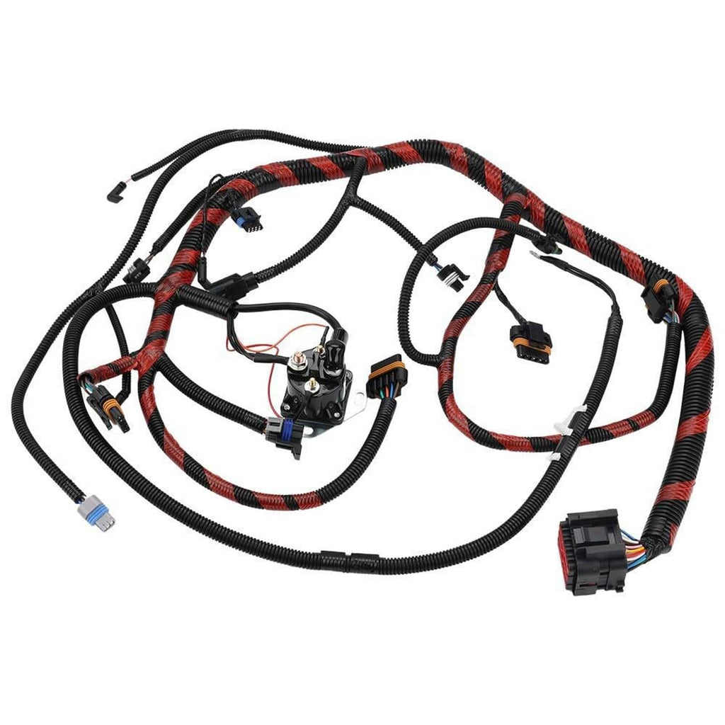 Engine wiring harness kit with black/red braided wires and plug connectors