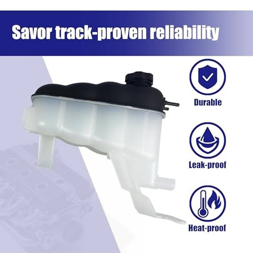 Coolant expansion tank with black cap, white reservoir, durable and leak-proof icons