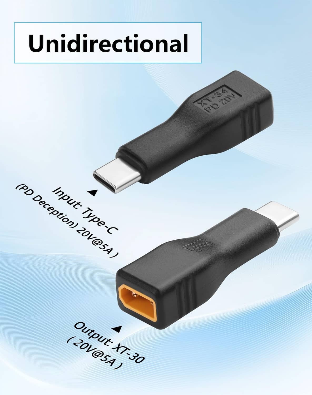 Black USB-C to XT30 adapter showing USB-C input and XT30 output ports