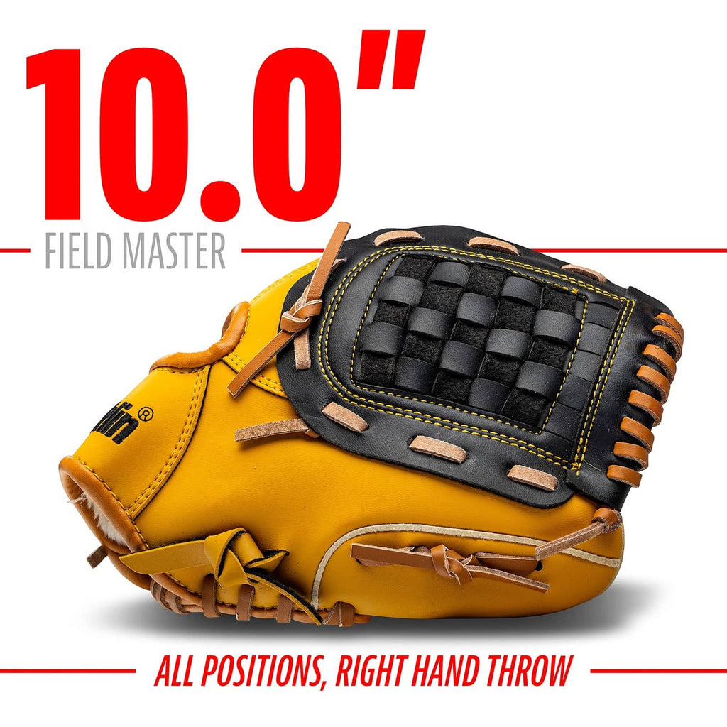 Yellow Franklin fielding glove with checkered black web and brown lace trim