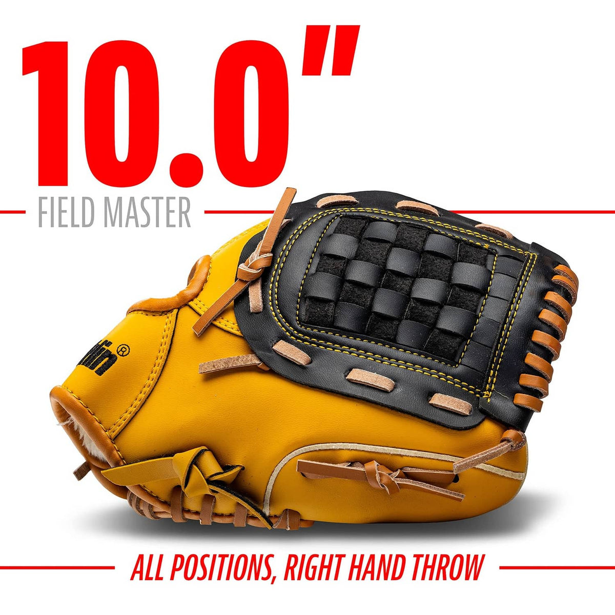 Yellow Franklin fielding glove with checkered black web and brown lace trim