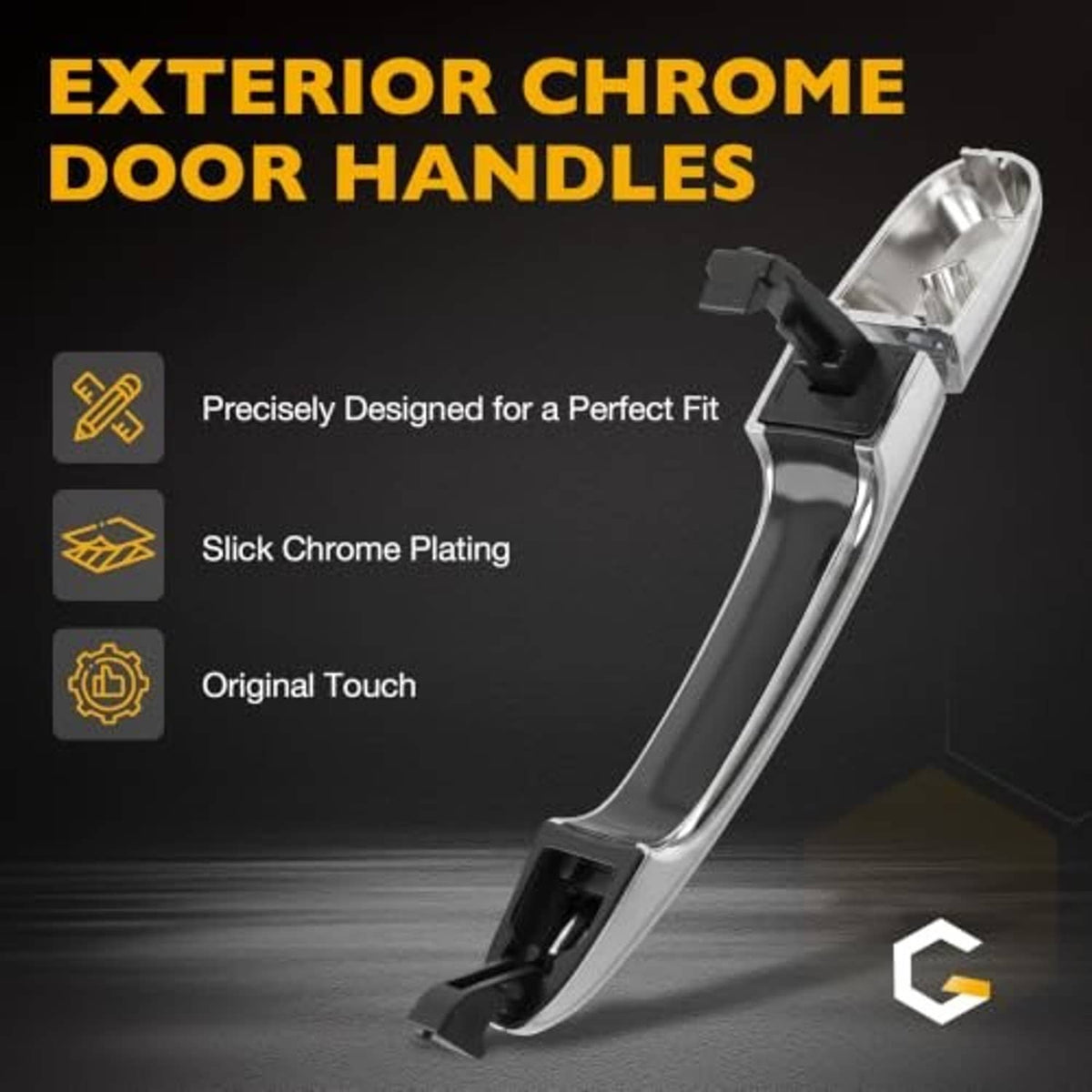 Chrome exterior door handle with black mounting parts and inner bracket housing