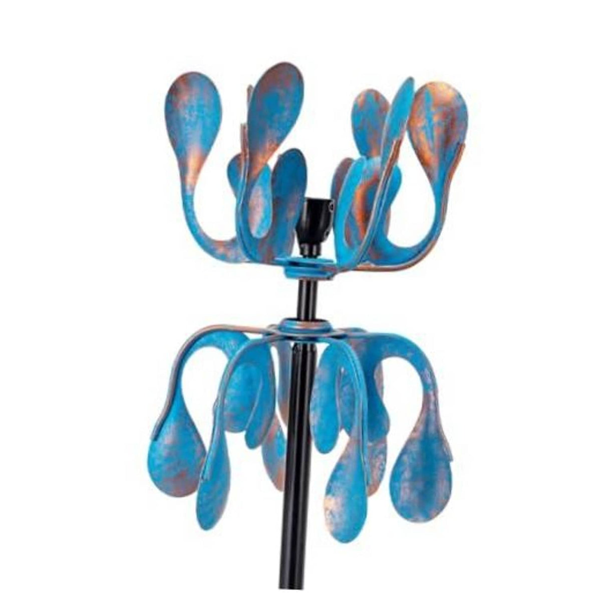 Blue metal wind spinner with curled petal blades on a black stake