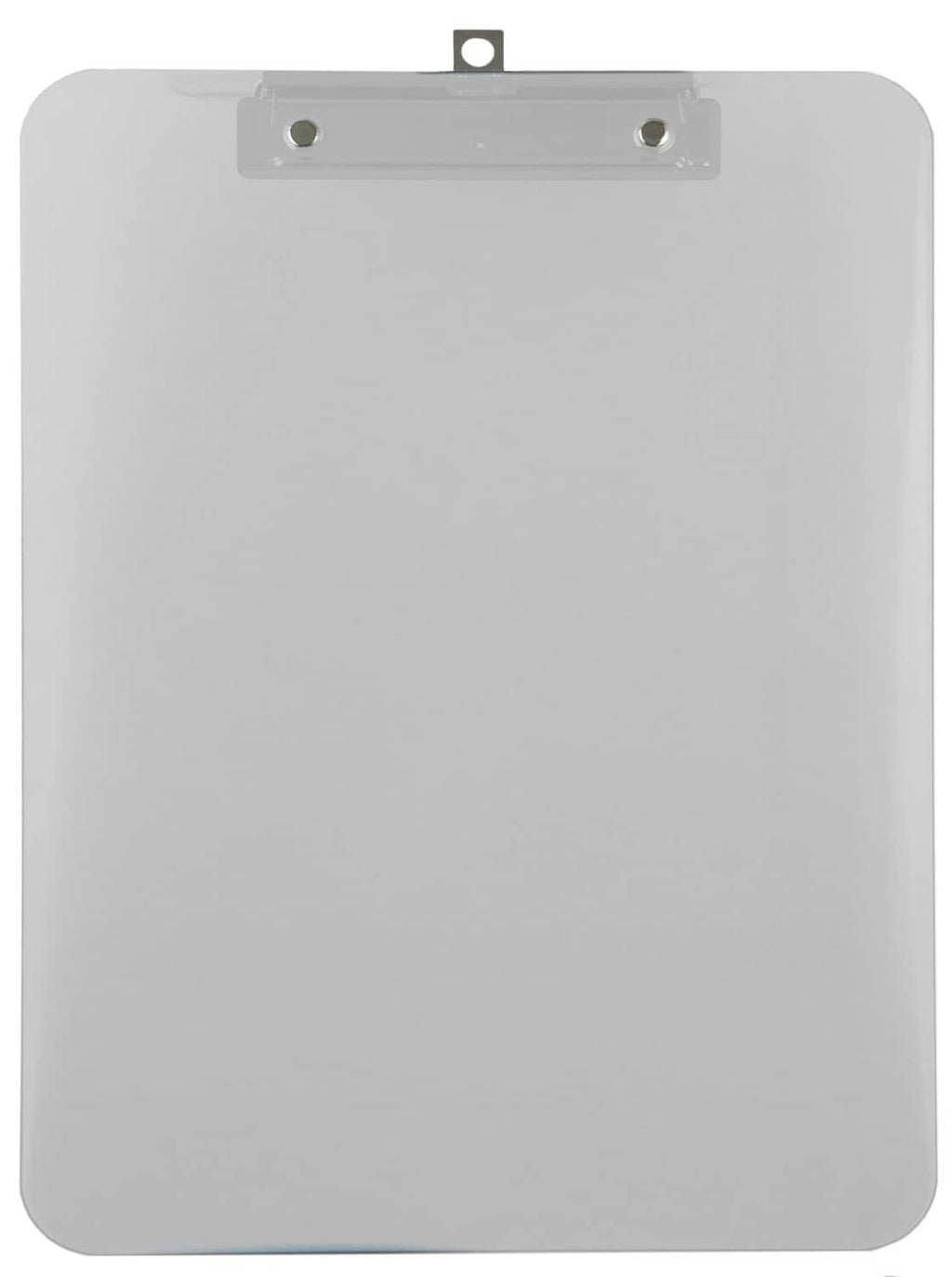 Clear plastic clipboard back with hanging hole and metal mounting slots