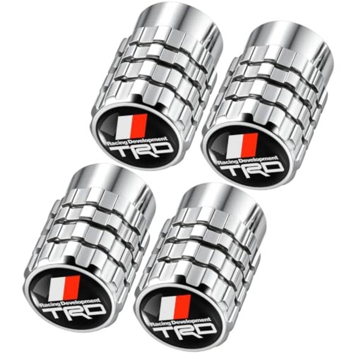 Set of 4 ribbed metal tire valve stem caps in silver with TRD logo and red stripe.