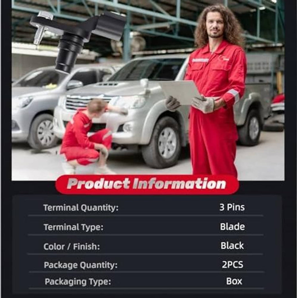 Camshaft position sensor product information graphic showing 3-pin blade terminal specs