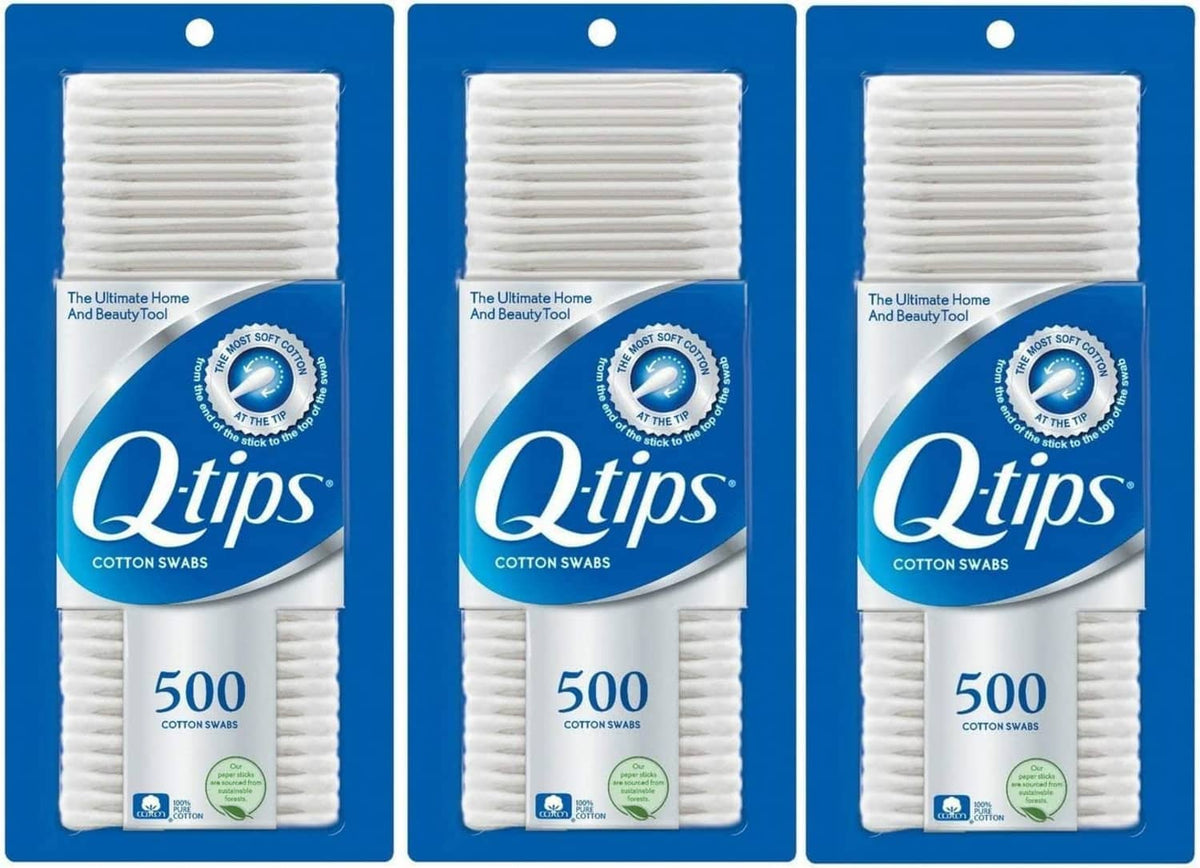 Q-tips cotton swabs three-pack, 500 swabs per pack