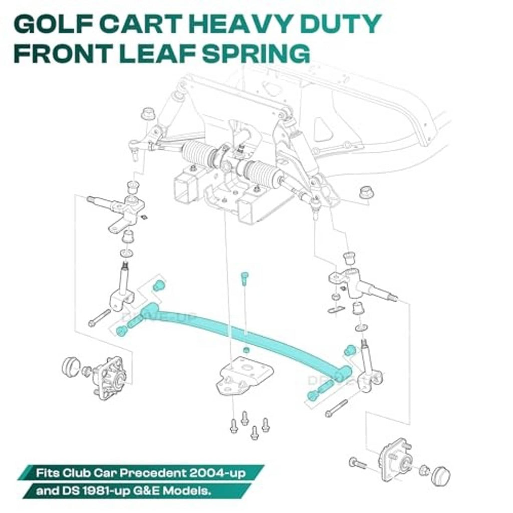 Front leaf spring assembly with spring bar and illustrated mounting hardware