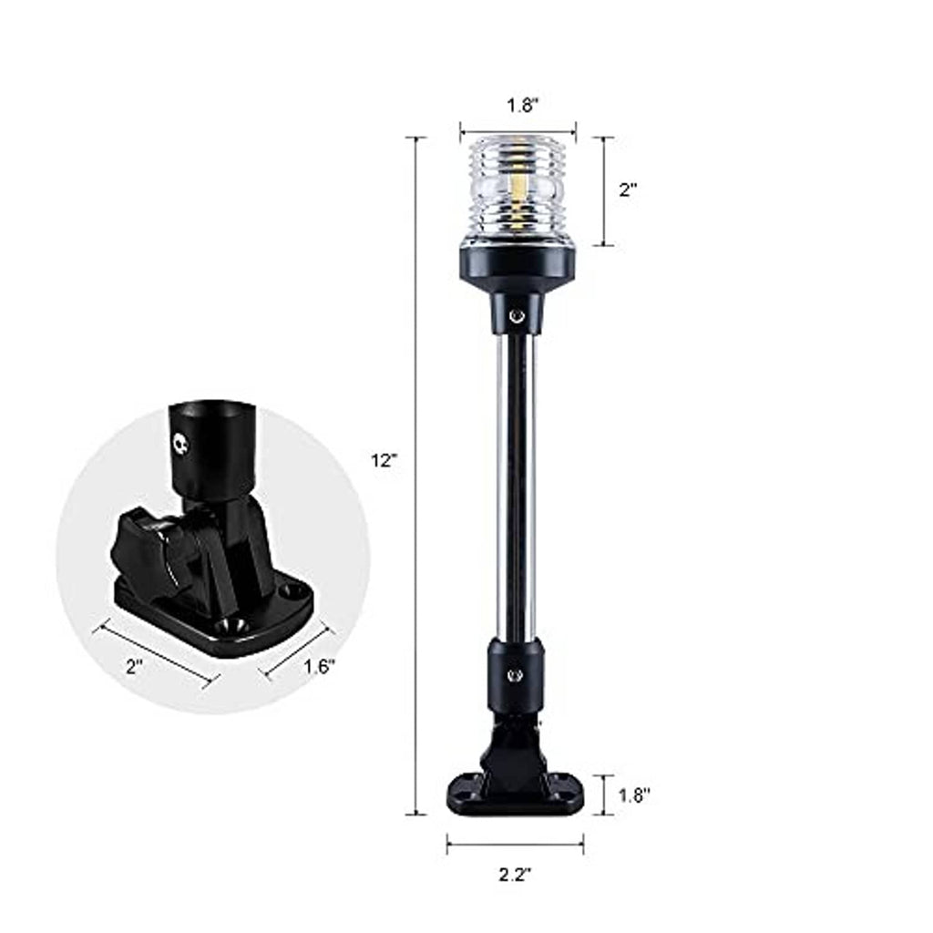 LED boat stern light upright with black base and clear lens, shown with size guides