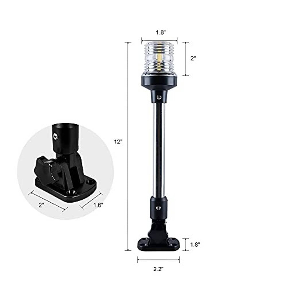 LED boat stern light upright with black base and clear lens, shown with size guides