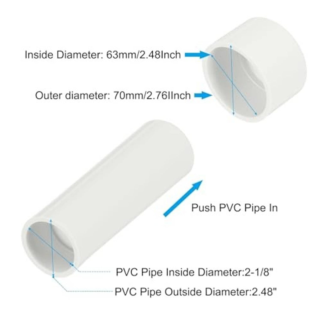 White PVC pipe end cap plug adapter, open-ended cylinder with size callouts.