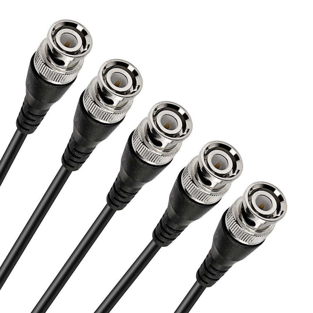 Multiple BNC male coaxial connectors on black cable with metal threaded ends