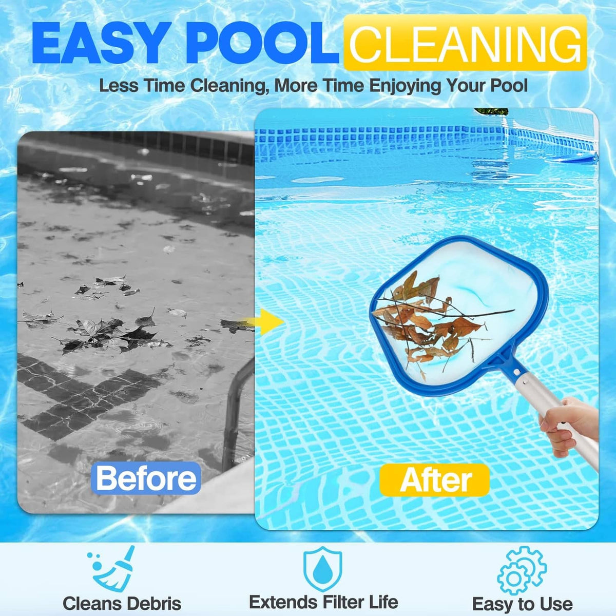 Blue pool skimmer net removing floating debris from the water