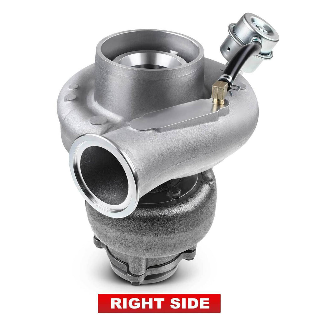 HX35W turbocharger right side view with round inlet/outlet ports and metal housings