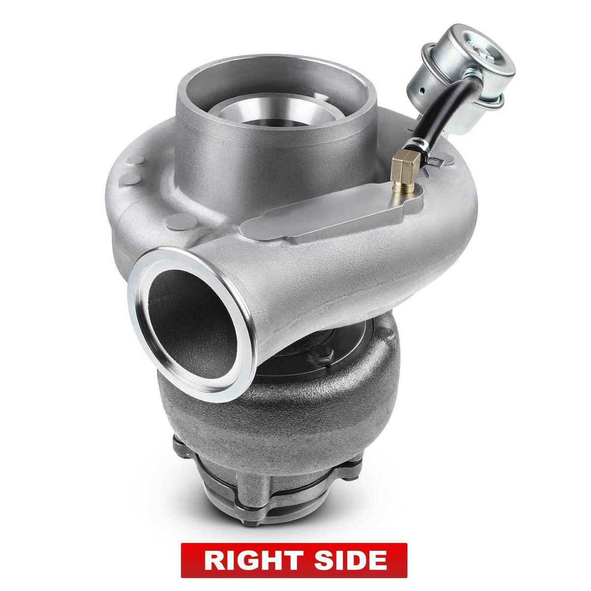 HX35W turbocharger right side view with round inlet/outlet ports and metal housings