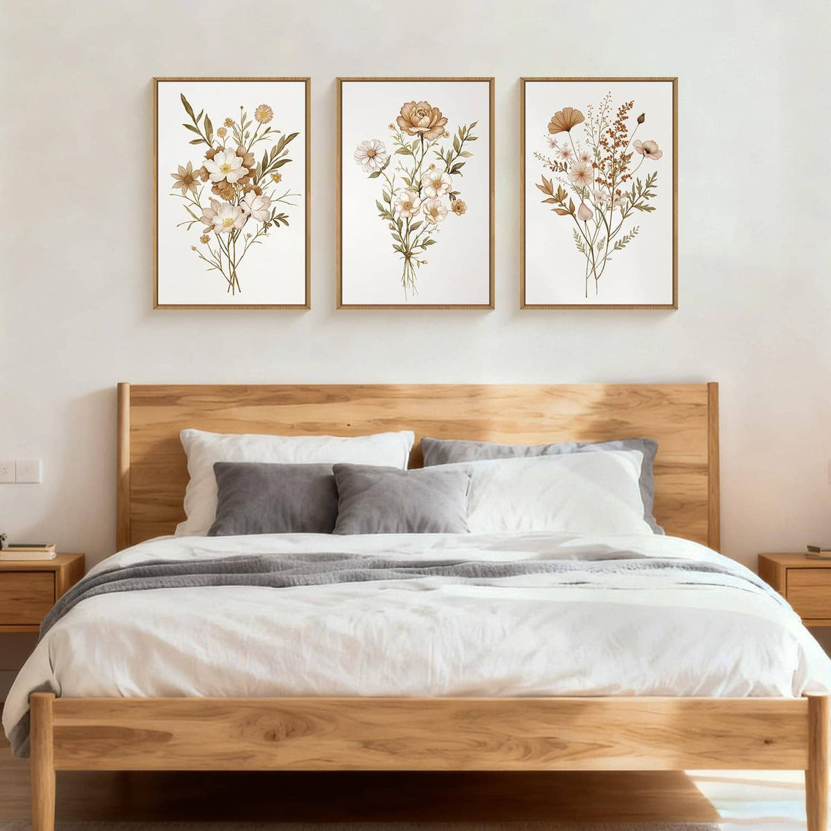 Three framed botanical flower canvas prints with gold frames on wall