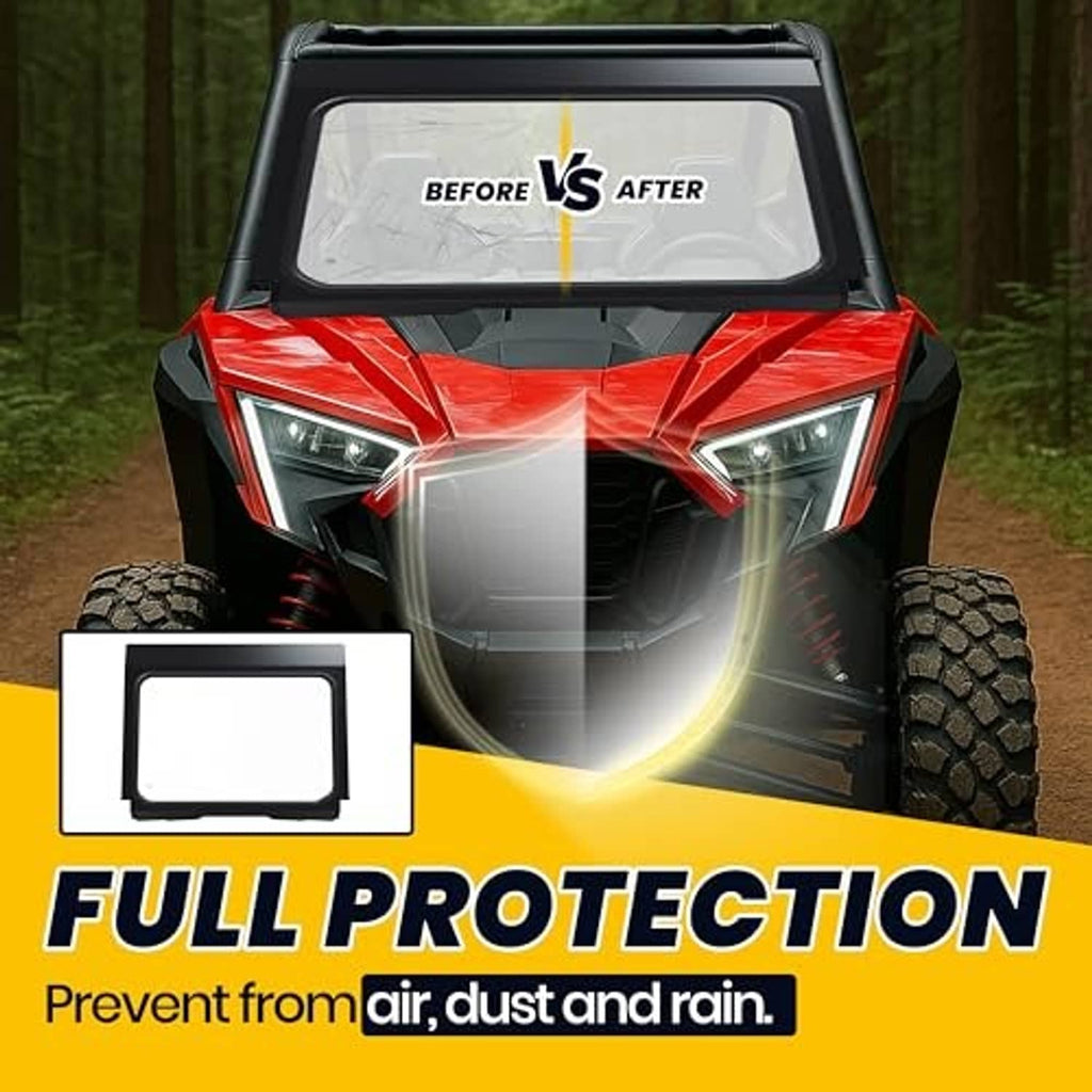 Front full glass windshield covering the front cabin on red off-road UTV