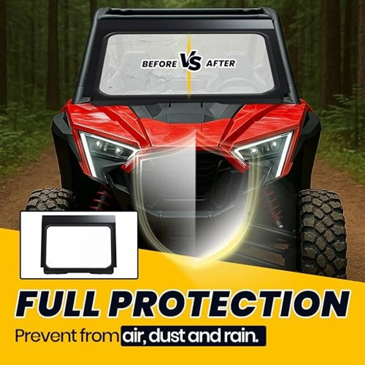 Front full glass windshield covering the front cabin on red off-road UTV