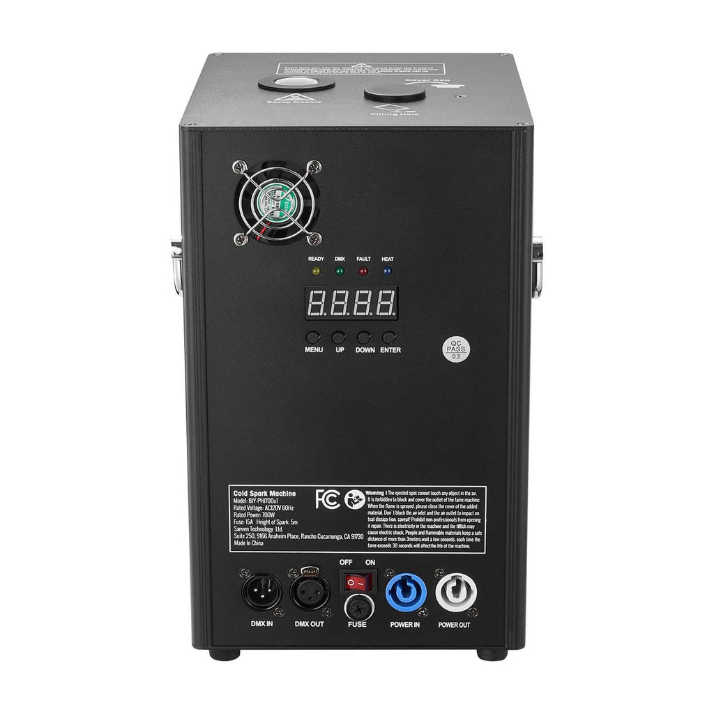 Cold spark firework machine with top controls, LED display, and rear connection ports