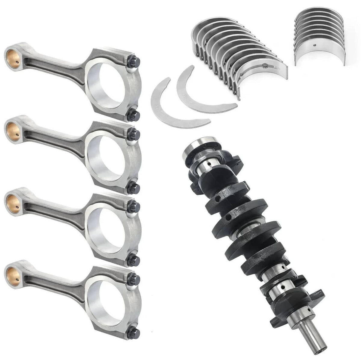 Connecting rod set with bearing caps and journal shafts, silver and dark gray