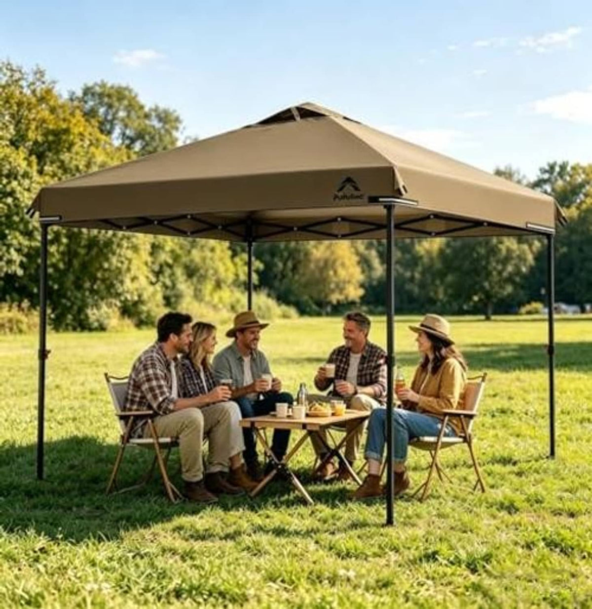 Khaki vented canopy top cover over outdoor dining table with standing frame