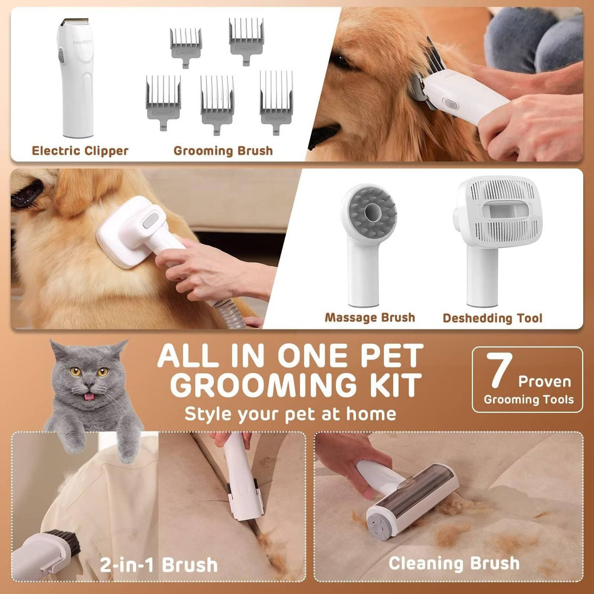 Dog grooming vacuum tool set with electric clipper, grooming brush, massage brush, and deshedding tool
