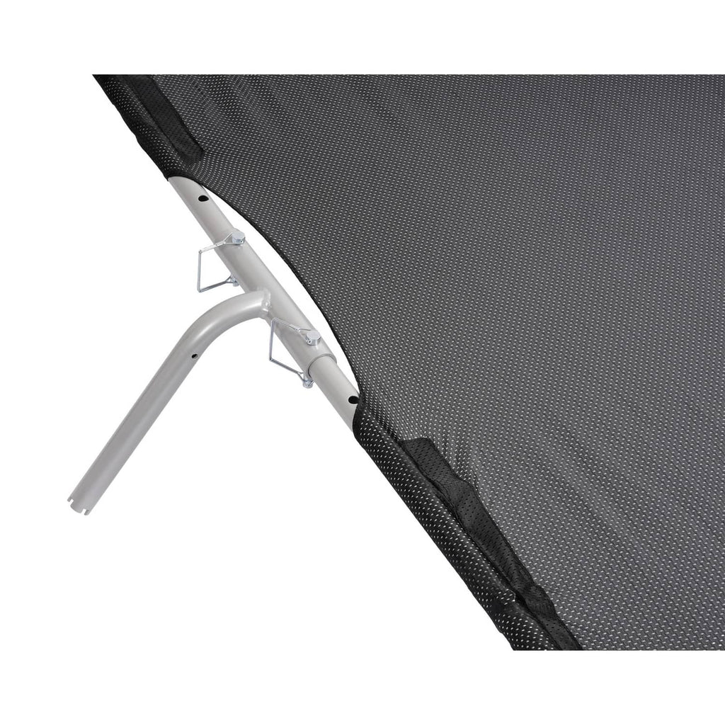 Boat sun shade canopy with dark mesh fabric and silver aluminum support frame